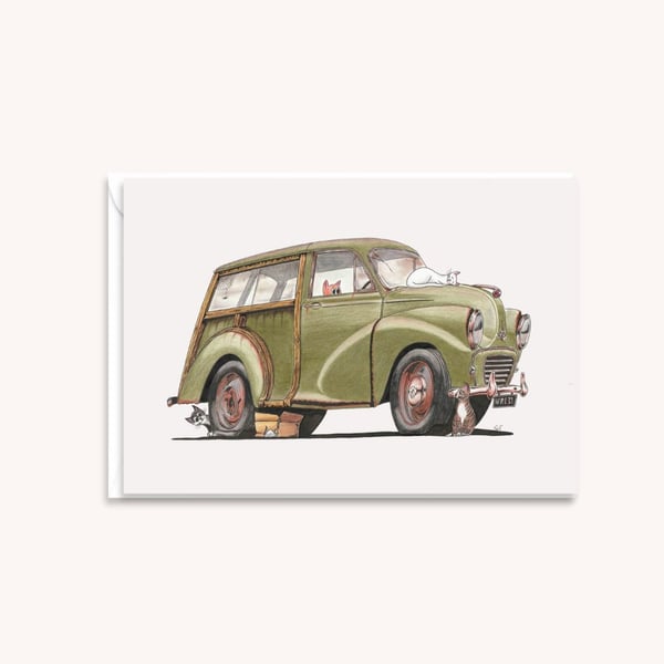 Car and Cats Greetings Card - A Hand Drawn Classic Car Illustration