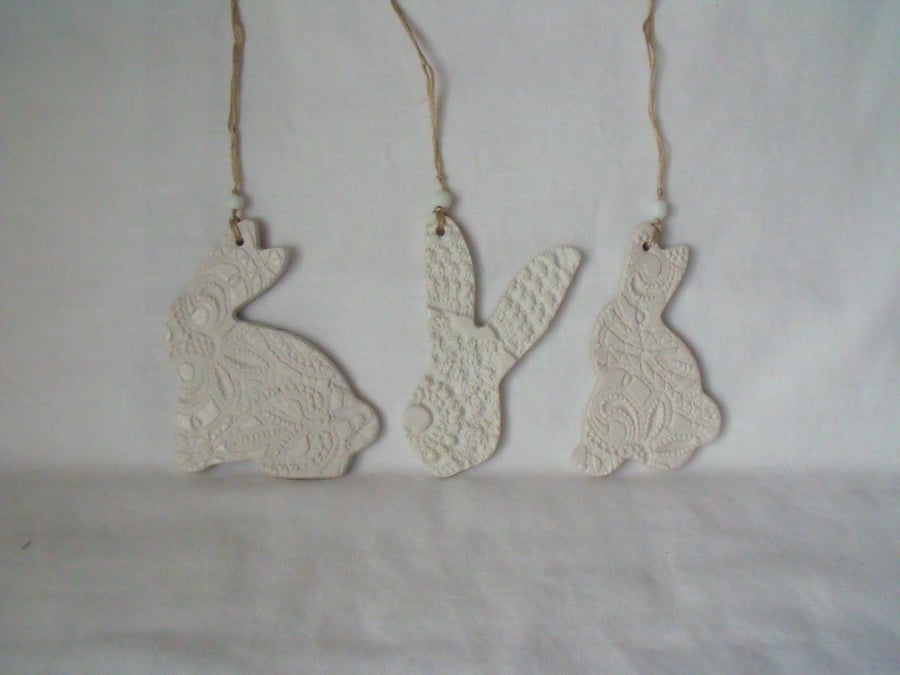 set of three easter bunny ceramic decorative hangers, unpainted