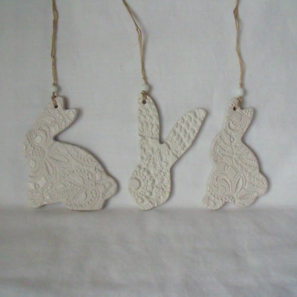 set of three easter bunny ceramic decorative hangers, unpainted