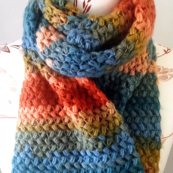 Bean Stitch Crocheted Scarf - Long Variegated Crocheted Scarf - Autumnal Scarf