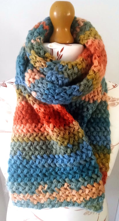 Bean Stitch Crocheted Scarf - Long Variegated Crocheted Scarf - Autumnal Scarf