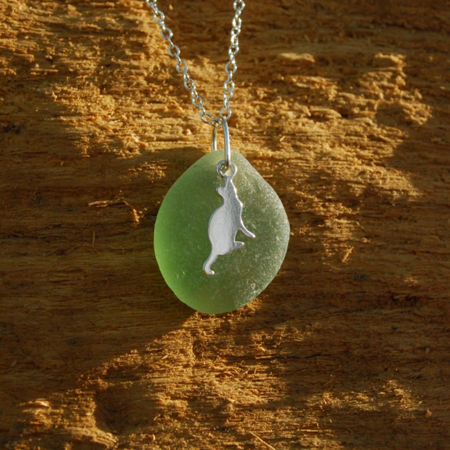 Rare colour sea glass pendant with cat charm