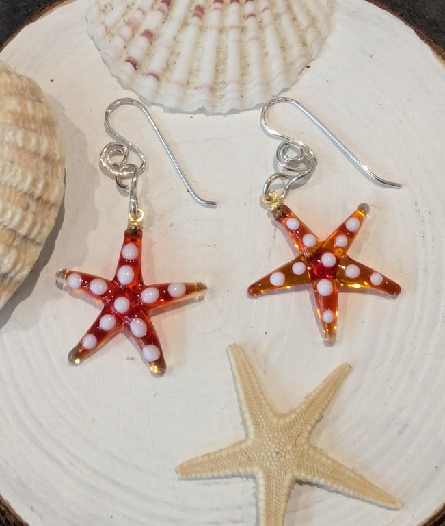 Beautiful  Red Handmade Murano Glass Starfish with white spots