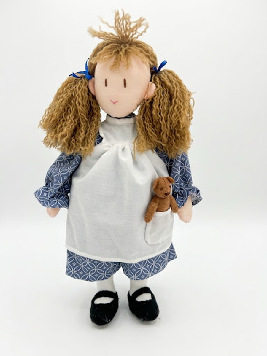 Rag Doll, Amelia 14 Inch Handmade Rag Doll with Teddy Bear Pocket Friend 