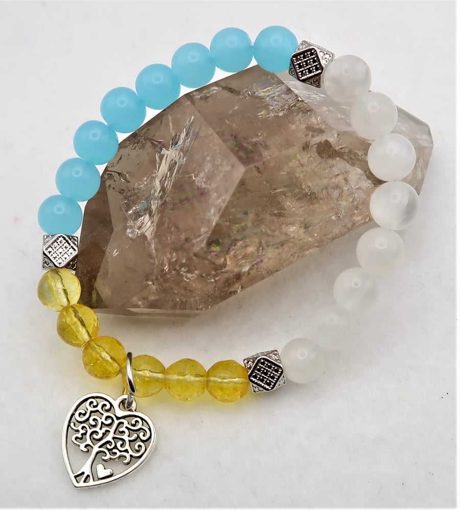 Jade, Selenite and Citrine Stretch Bracelet with Tree of Life Charm.