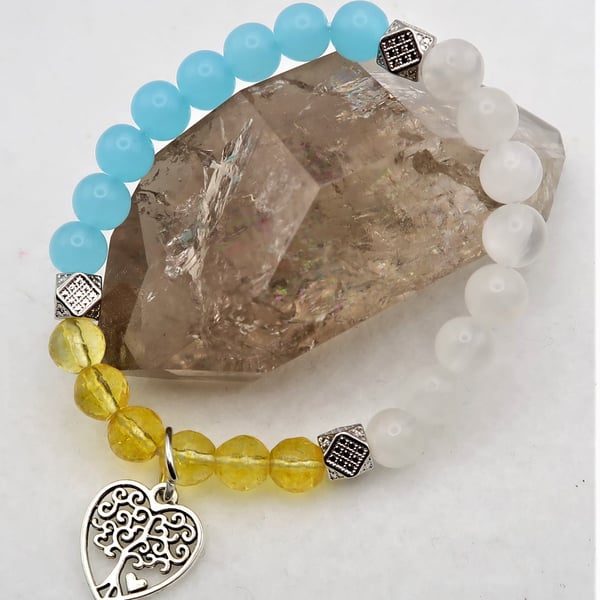 Jade, Selenite and Citrine Stretch Bracelet with Tree of Life Charm.