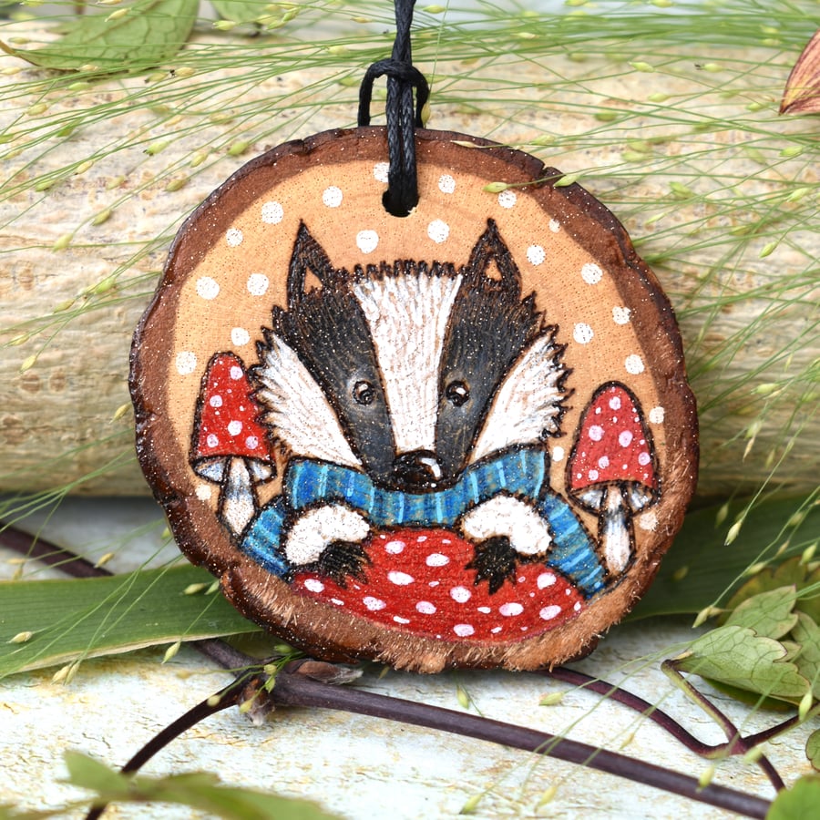 Toadstool badger hanging disc. Pyrography cute personalised decoration.