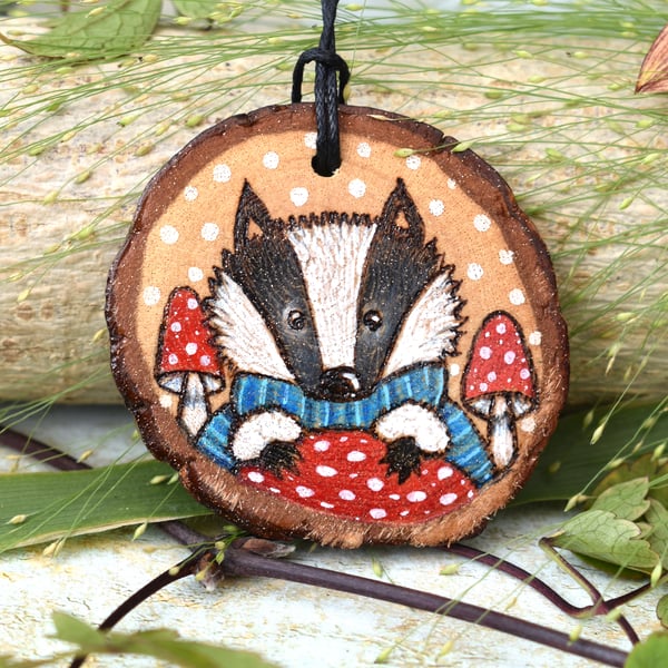 Toadstool badger hanging disc. Pyrography cute personalised decoration.