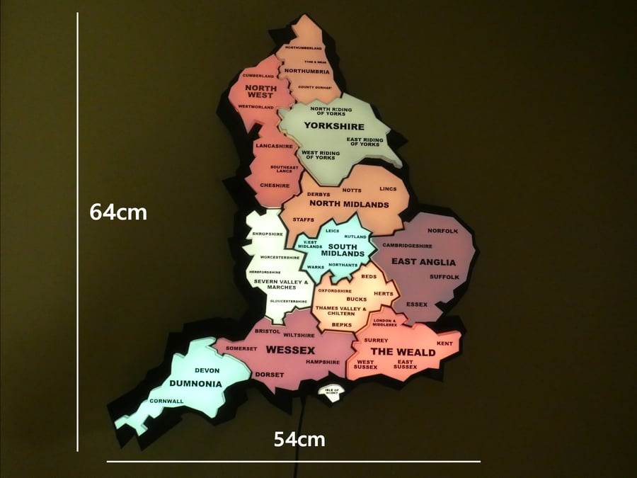 3D Printed LED Map of England: Illuminated Wall Art, Modern Home Decor (64x54cm)