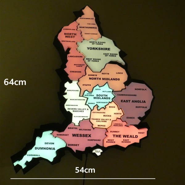 3D Printed LED Map of England: Illuminated Wall Art, Modern Home Decor (64x54cm)