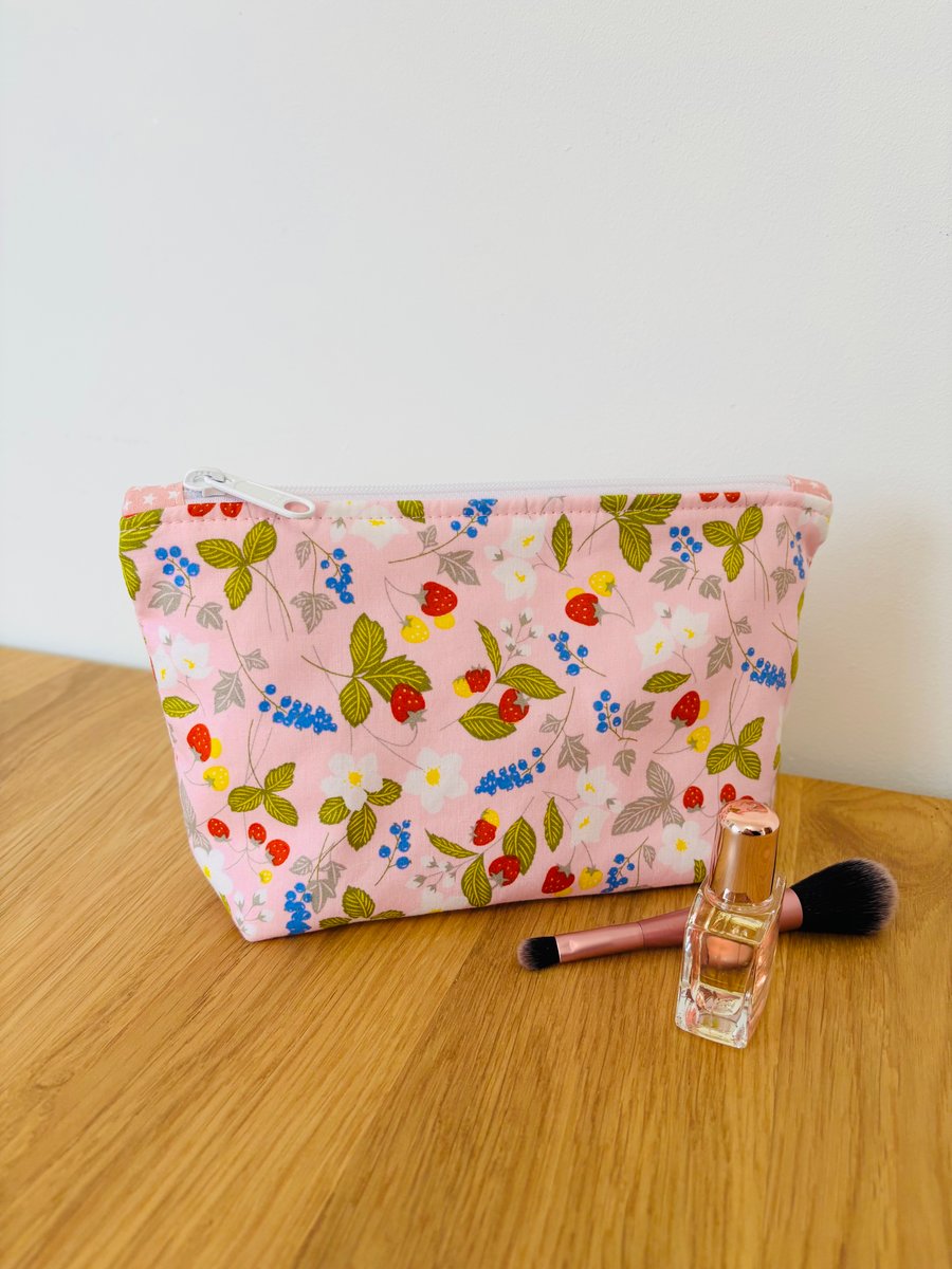 Make up bag, small toiletry bag, water resistant lining, pink floral pattern