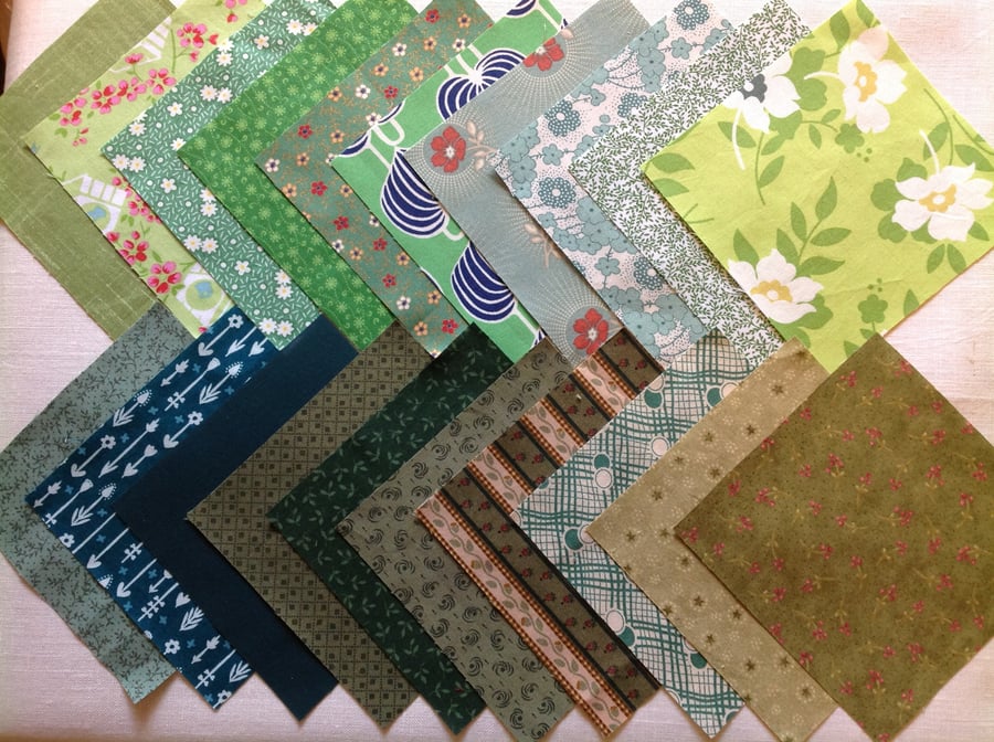 20 x 5" Green patchwork squares for charm quilts!
