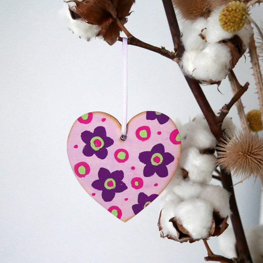 Pink Hanging Heart, Purple Flowers Decoration, Valentines Day Gift