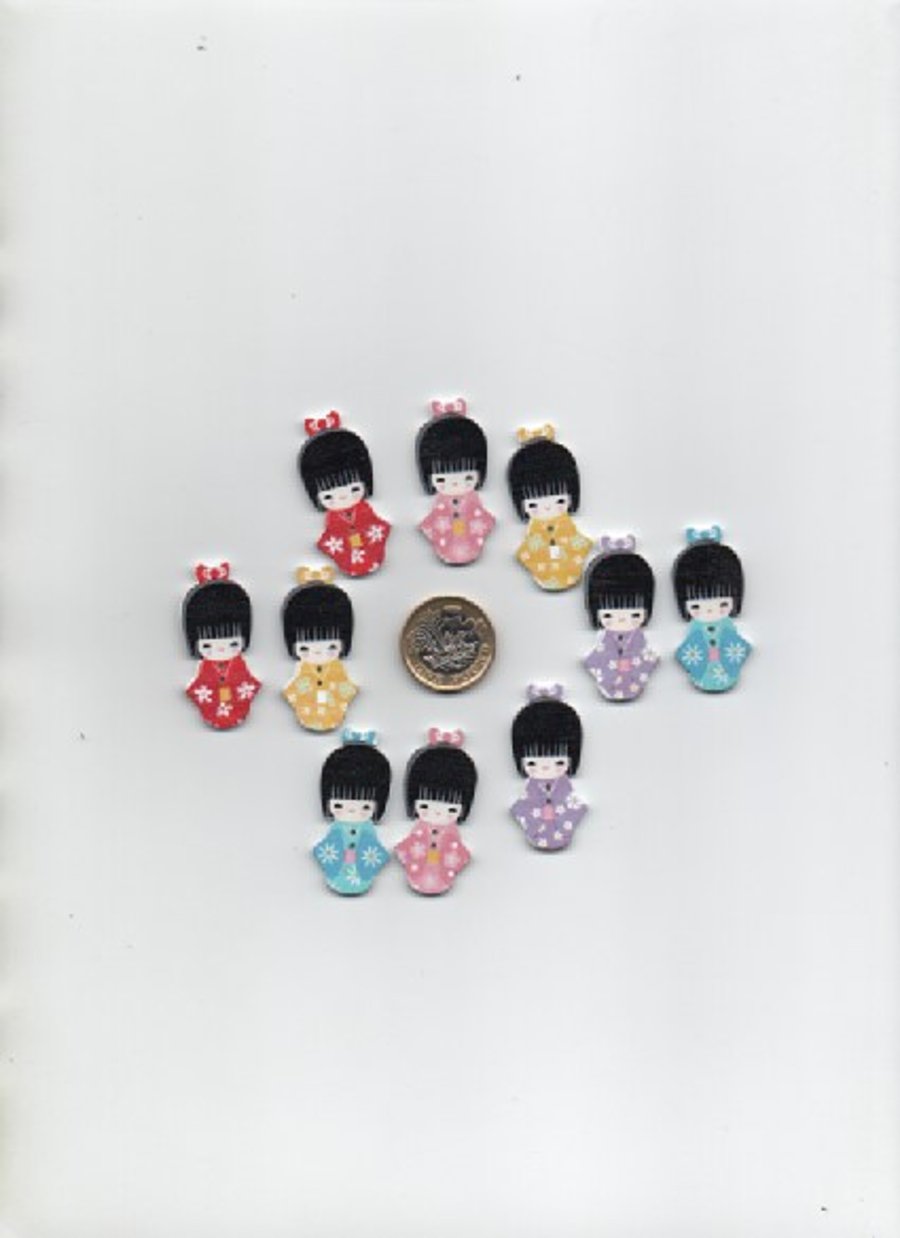  10 assorted colourful printed wooden JAPANESE GIRL craft buttons CLEARANCE