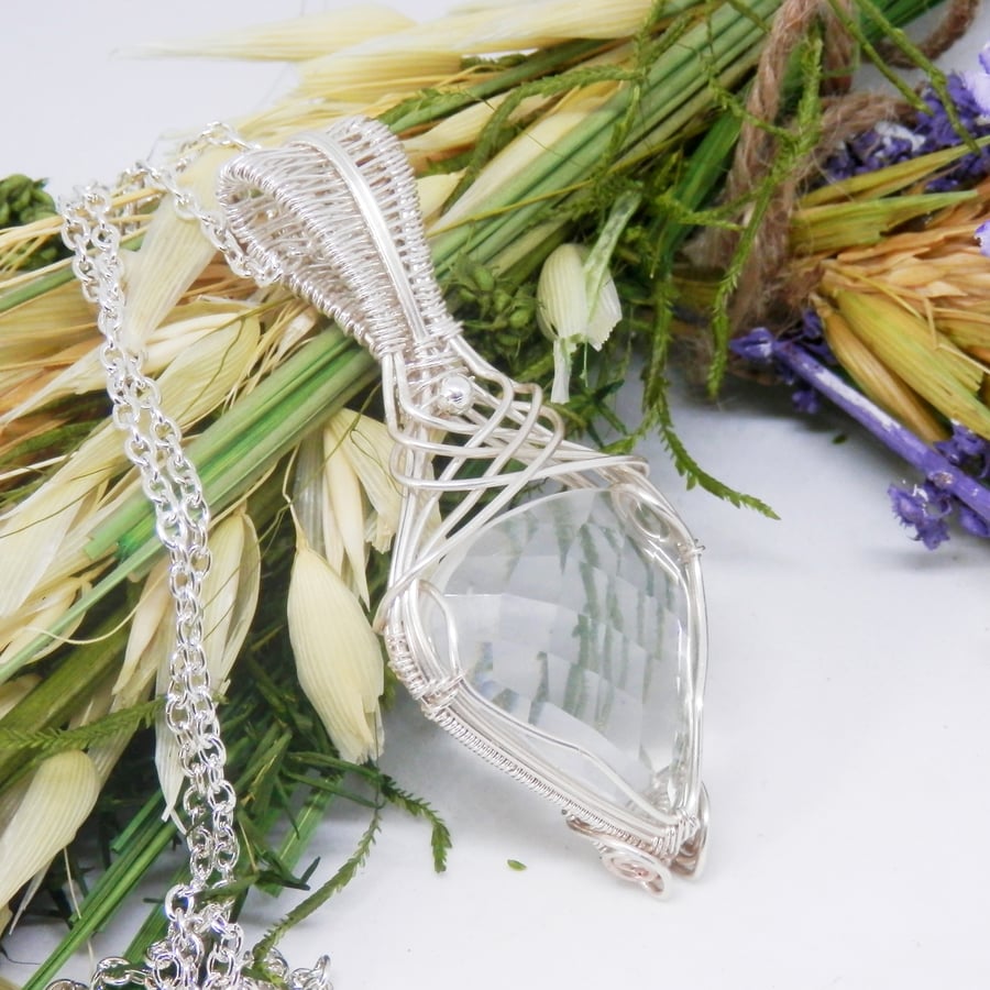 Silver Plated Wire Wrapped Necklace With Faceted Clear Quartz