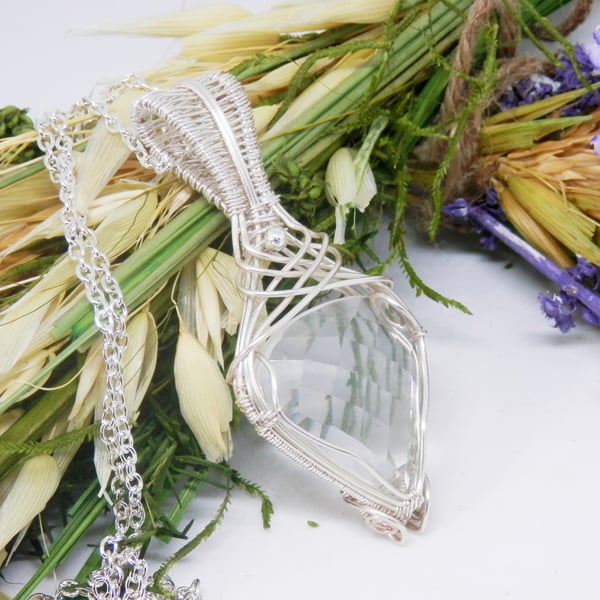 Silver Plated Wire Wrapped Necklace With Faceted Clear Quartz