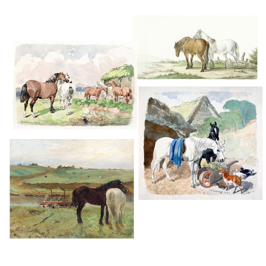  Pack of 4 Mixed Horse or Pony Old Painting Cards Blank Inside