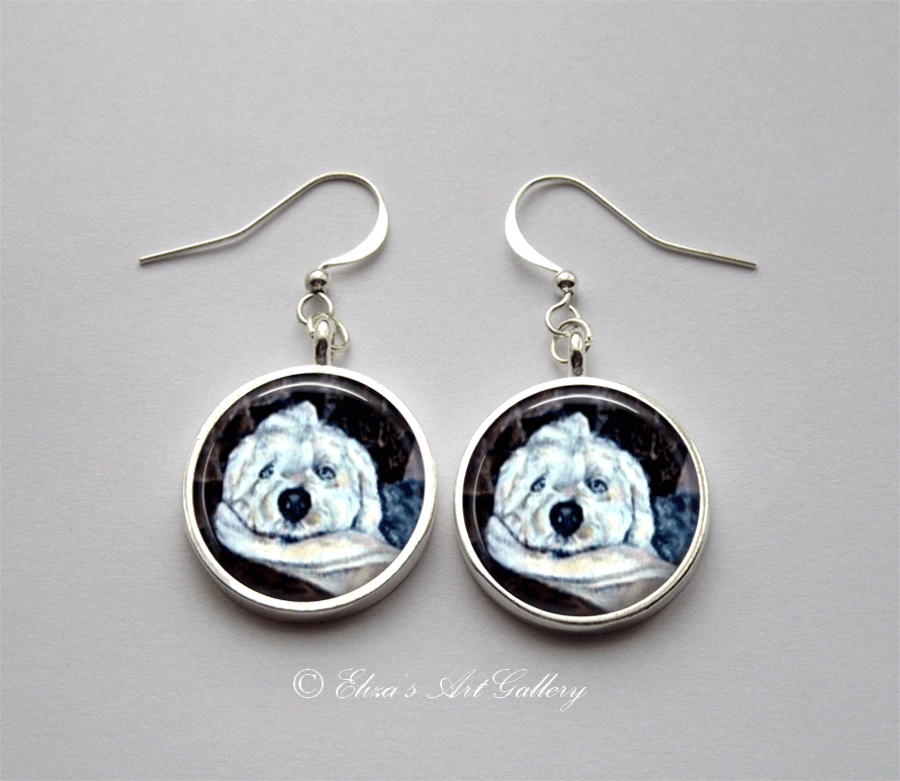 Silver Plated Old English Sheepdog Art Earrings