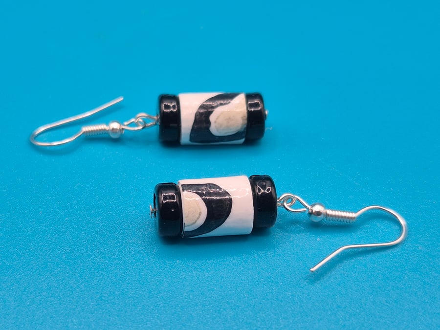 Small Black and White paper beaded drop Earrings