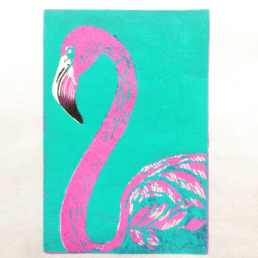'Pink Flamingo' lino print 