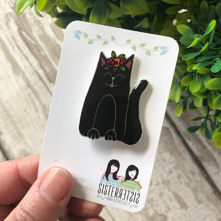 Frida's Cat - Black Cat - hand made Pin, Badge, Brooch