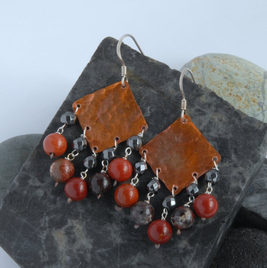 jasper and haematite fringed textured copper and sterling silver earrings