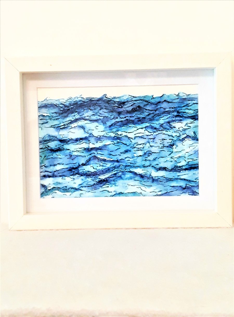 Sea Painting, Framed 9 x 7" Abstract Watercolour Original Blue Wave Art