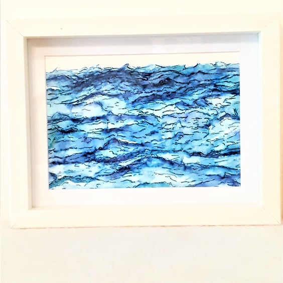 Sea Painting, Framed 9 x 7" Abstract Watercolour Original Blue Wave Art