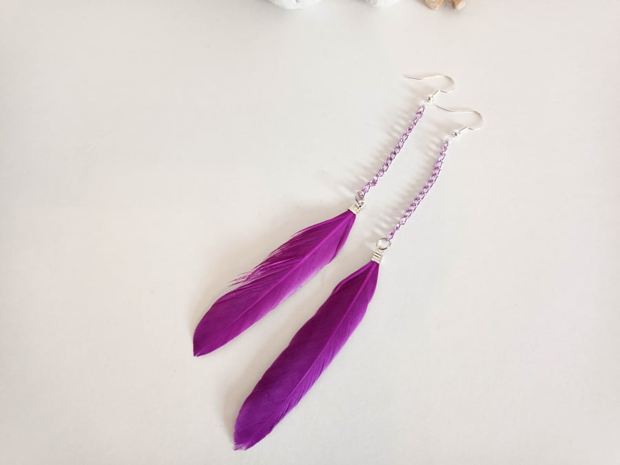 Purple Feather Dangle Earrings