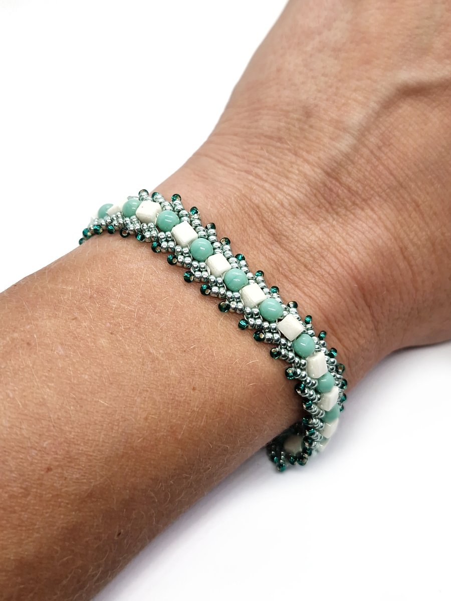 Turquoise and white cube and pearl bead beadwork bracelet