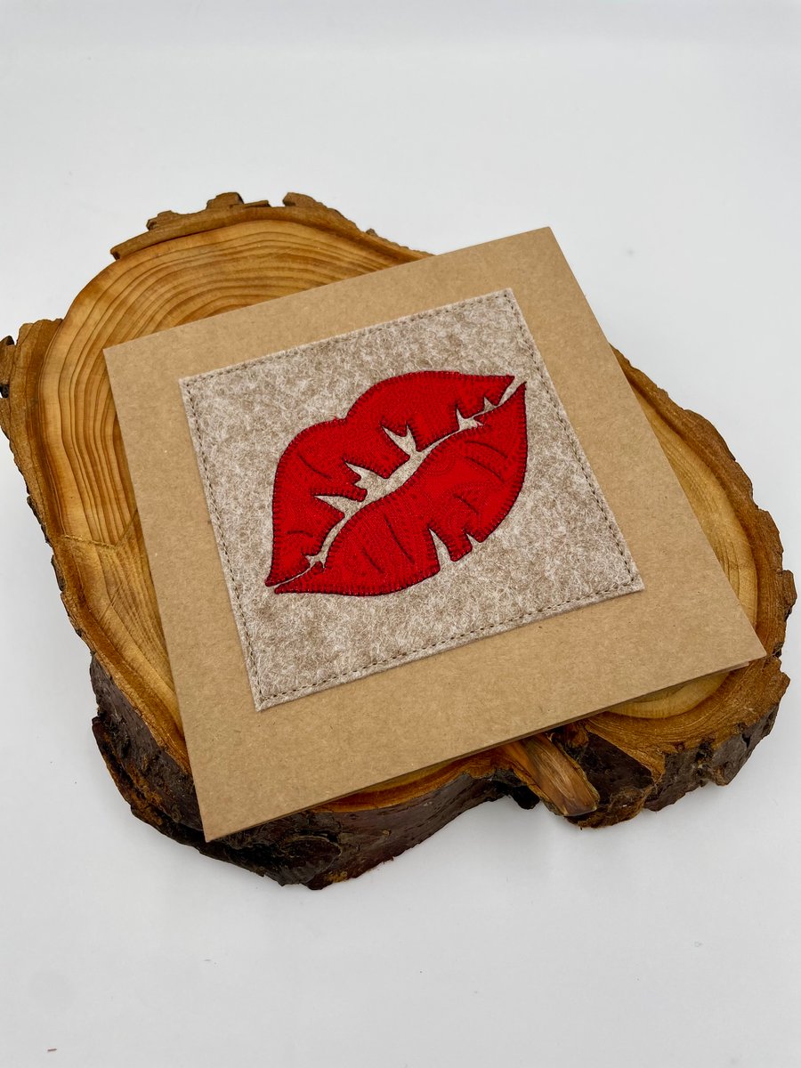 Anniversary wedding card with luscious red appliqué lip design