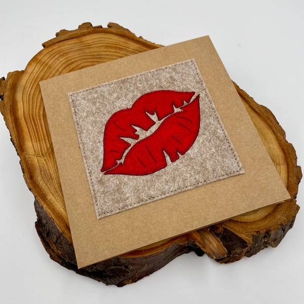 Anniversary wedding card with luscious red appliqué lip design