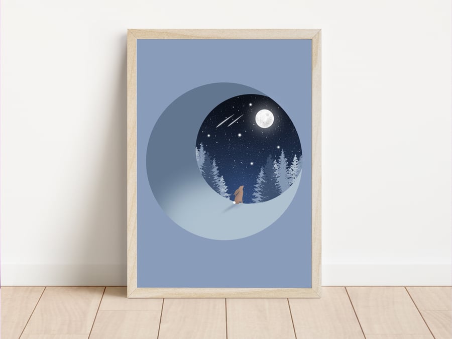 Crescent Moon Gazing Hare Print, Star Gazing.