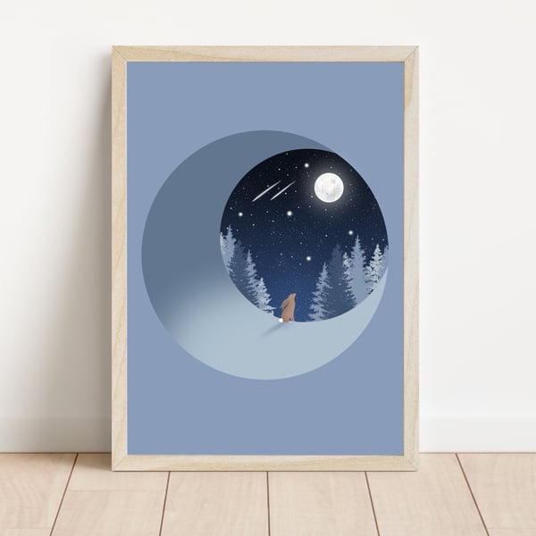 Crescent Moon Gazing Hare Print, Star Gazing.