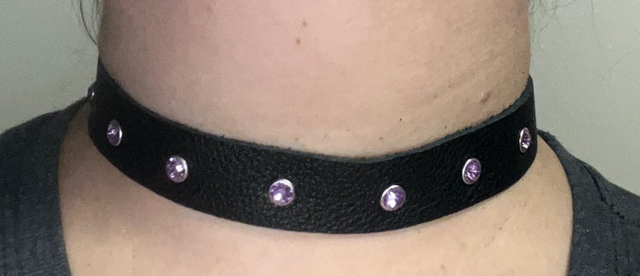 Black Leather Choker with 7 Purple Gemstones (custom sized 14"-16")
