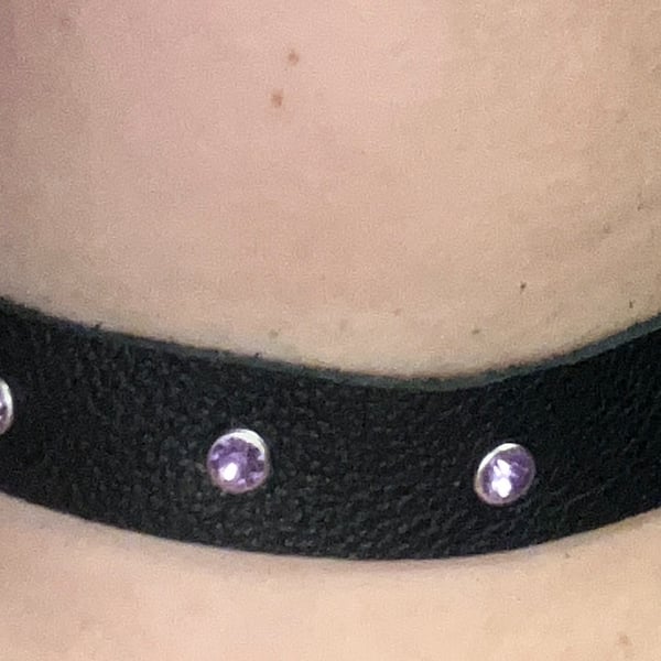 Black Leather Choker with 7 Purple Gemstones (custom sized 14"-16")
