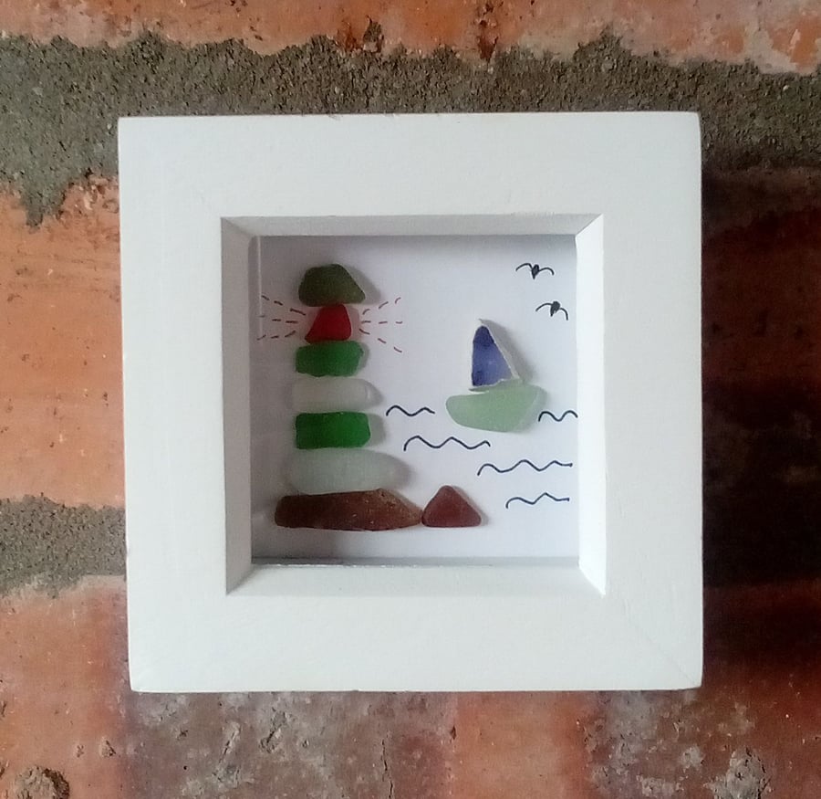 Seaglass lighthouse and boat, Scottish seaside beach art