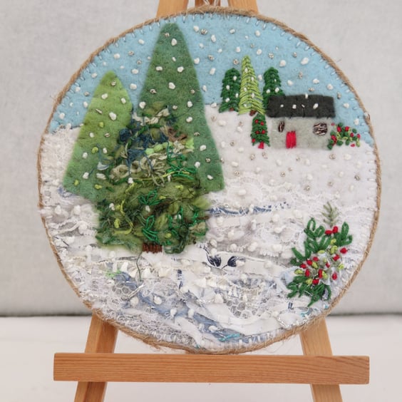 Winter Cottage Embroidered Plaque