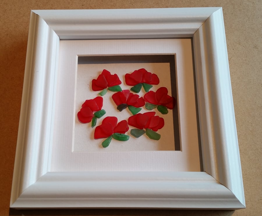 Stained Glass Red Roses, Ruby Anniversary Gifts, Sea Glass Art, Picture frames, 