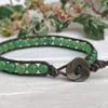 Green agate and brown leather bracelet with button fastener, healing bracelet 