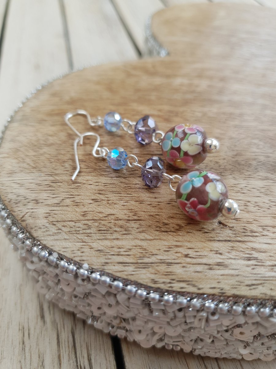 Lampwork & Swarovski Crystal Triple Stone Dangle Earrings - Dusty Pink Floral