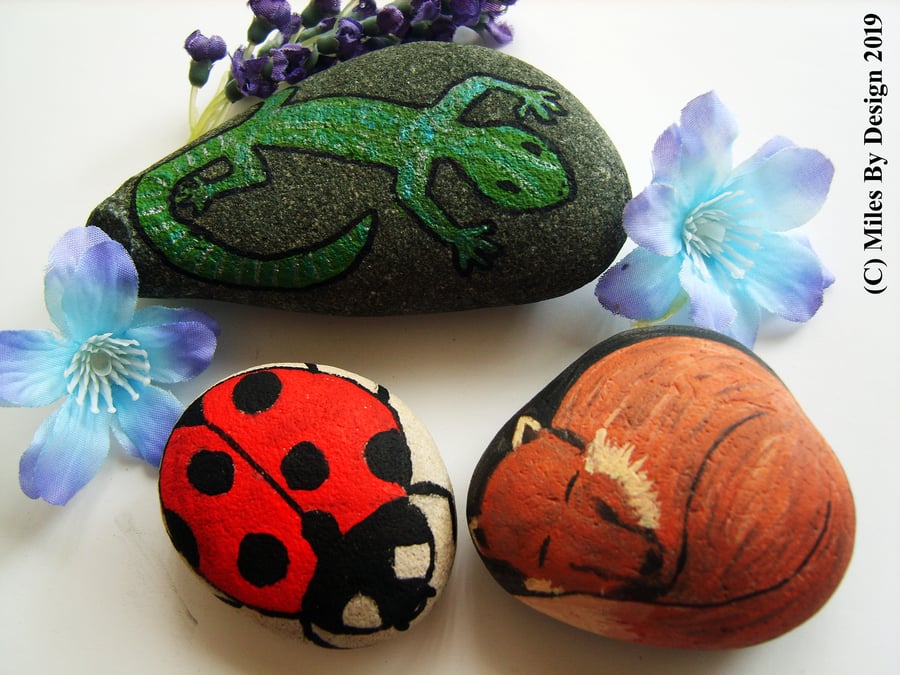 Trio of Hand-painted Animal Stones