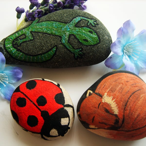 Trio of Hand-painted Animal Stones