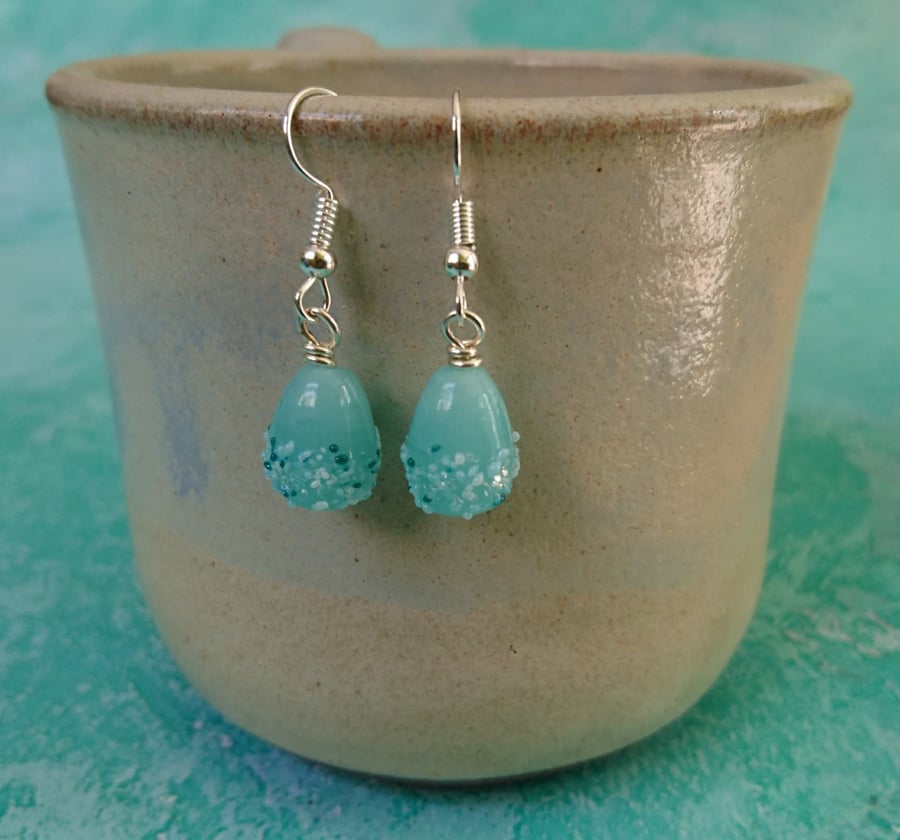 Mint drop earrings, glass bead earrings, silver plated earrings