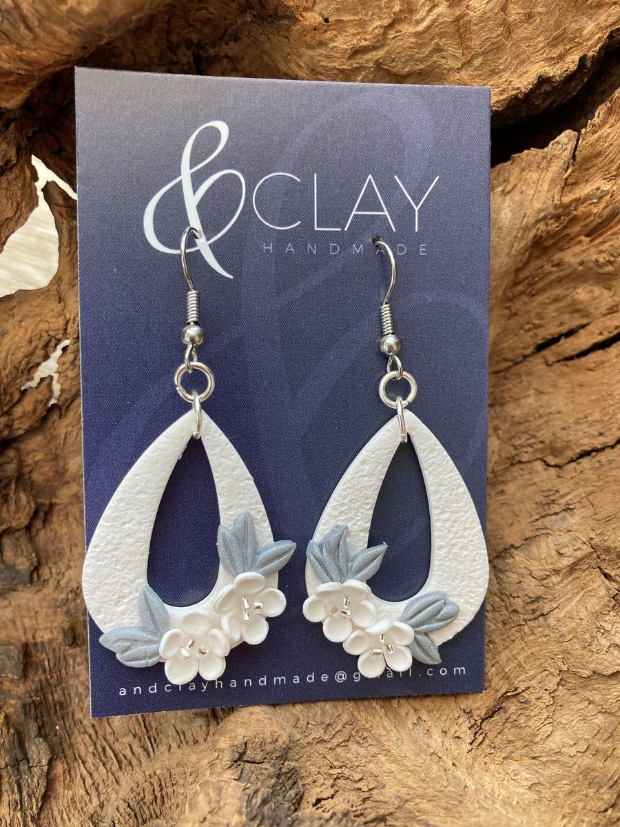 Elegant Handmade Floral Teardrop Wedding Earrings in White & Silver