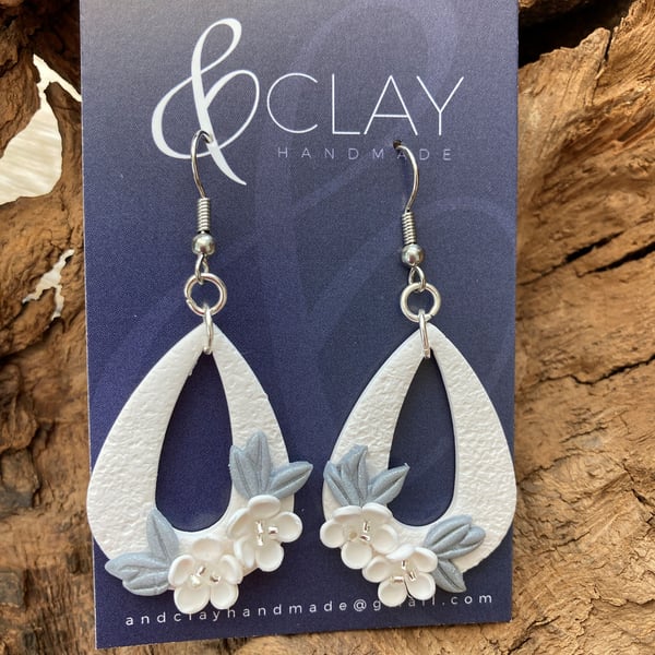 Elegant Handmade Floral Teardrop Wedding Earrings in White & Silver