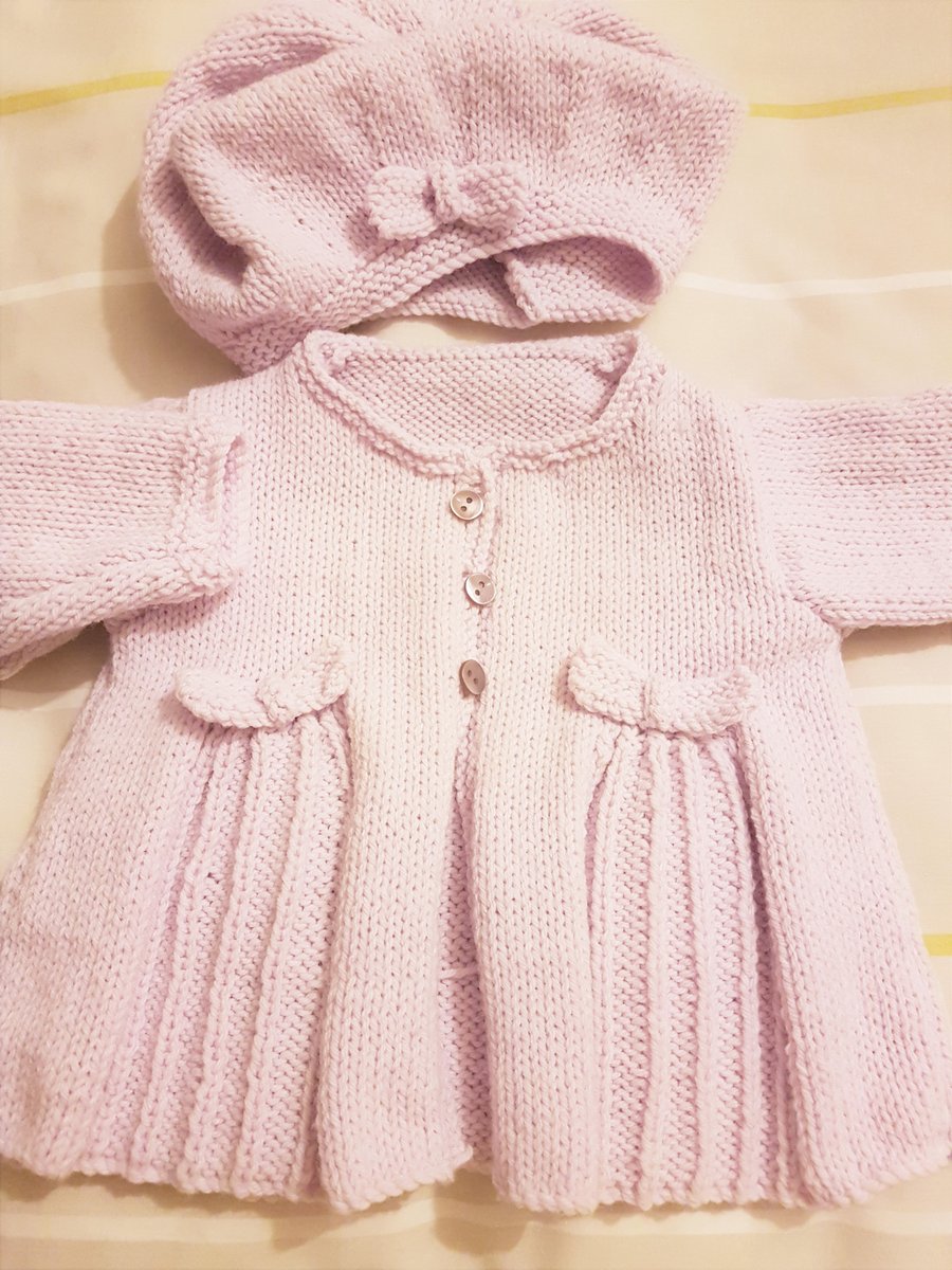 Pale Lavender pleats and bows cardigan and matching hat