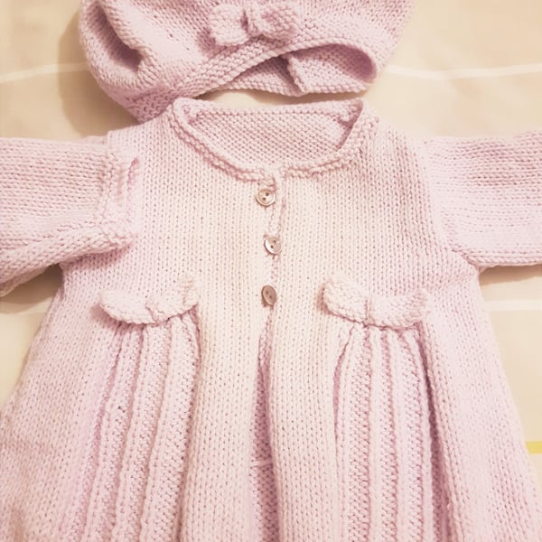 Pale Lavender pleats and bows cardigan and matching hat