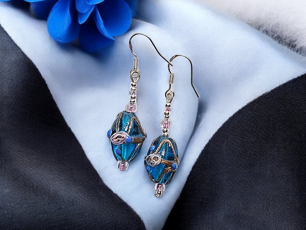 Blue and pink lampwork beaded earrings, unique, one off design