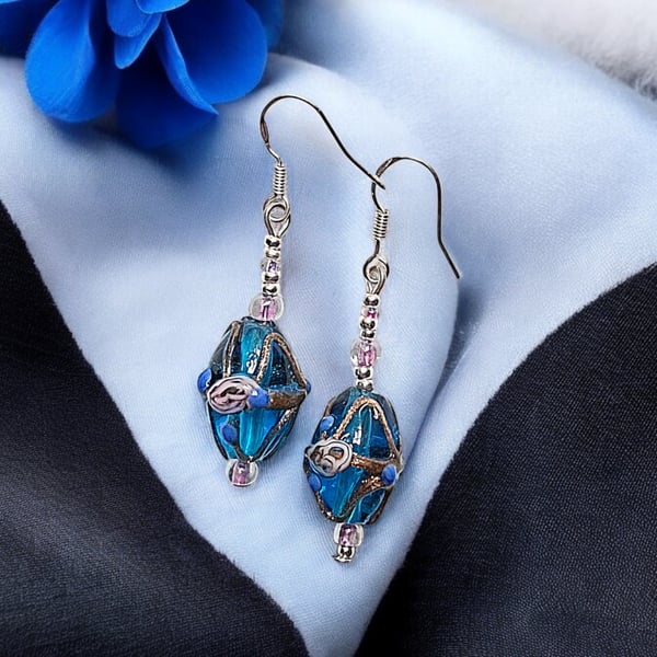 Blue and pink lampwork beaded earrings, unique, one off design